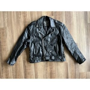 Barneys Leather Jacket Mens 46 Black Motorcycle Biker Asymmetrical Zip Belted